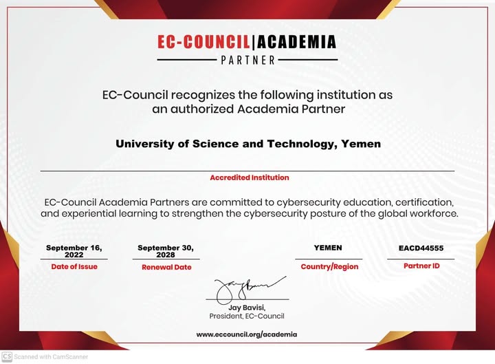 جامعة العلوم والتكنولوجيا تمدد شراكتها الأكاديمية مع المجلس الدولي للتجارة الالكترونية المختص بمنح الشهادات الدولية والبرامج التدريبية في مجال الأمن السيبراني (EC-Council) لثلاث سنوات قادمة