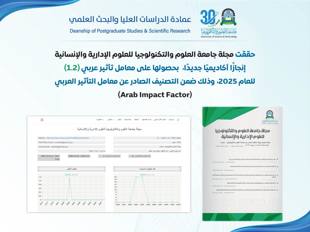 مجلة جامعة العلوم والتكنولوجيا للعلوم الإدارية والإنسانية تحقق تصنيفاً متقدماً بمعامل تأثير (1.2) للعام 2025