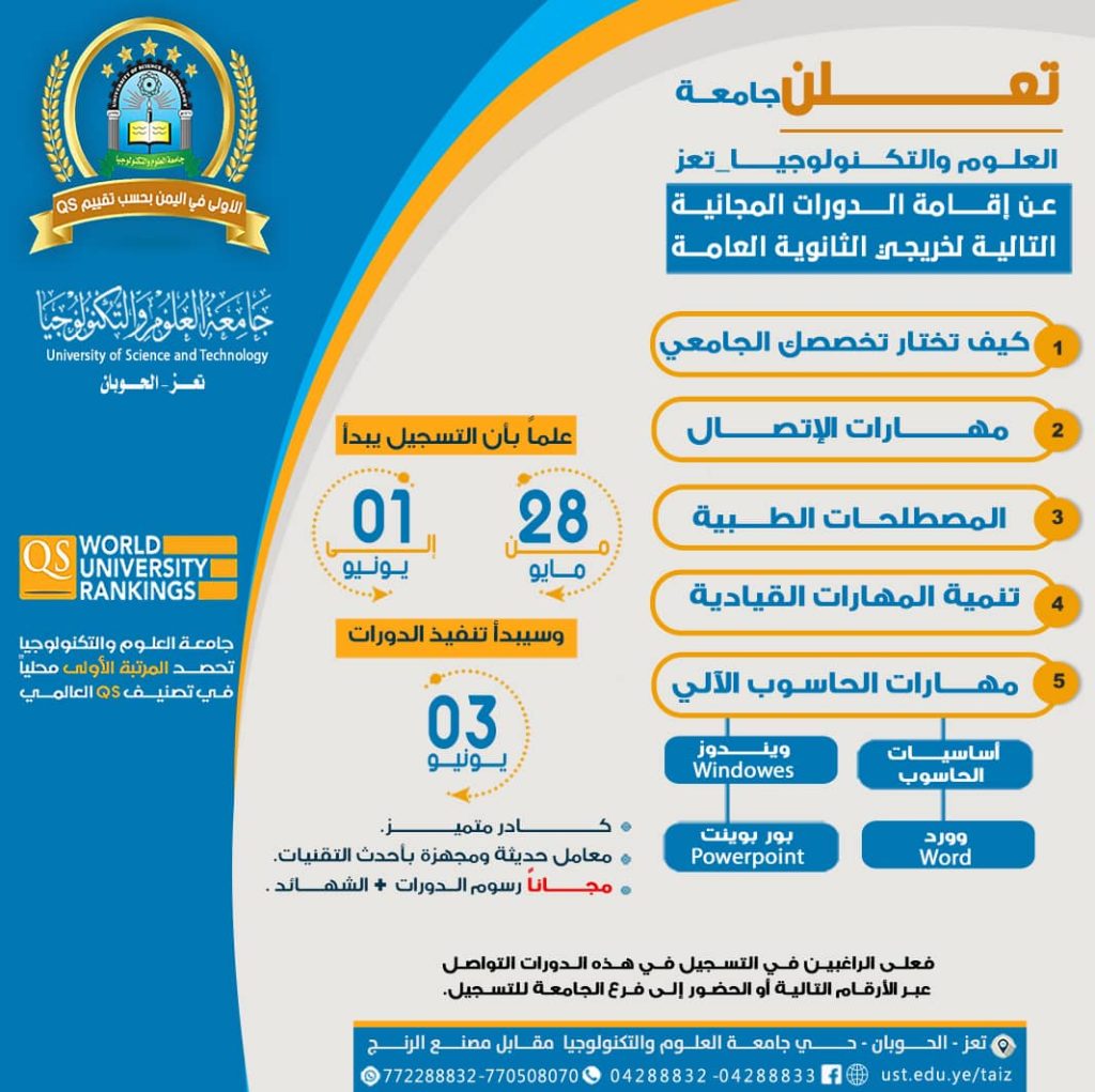 جامعة العلوم والتكنولوجيا بتعز تهدي طلبة الثانوية برنامجا مجانيا بمناسبة اختتام امتحاناتهم